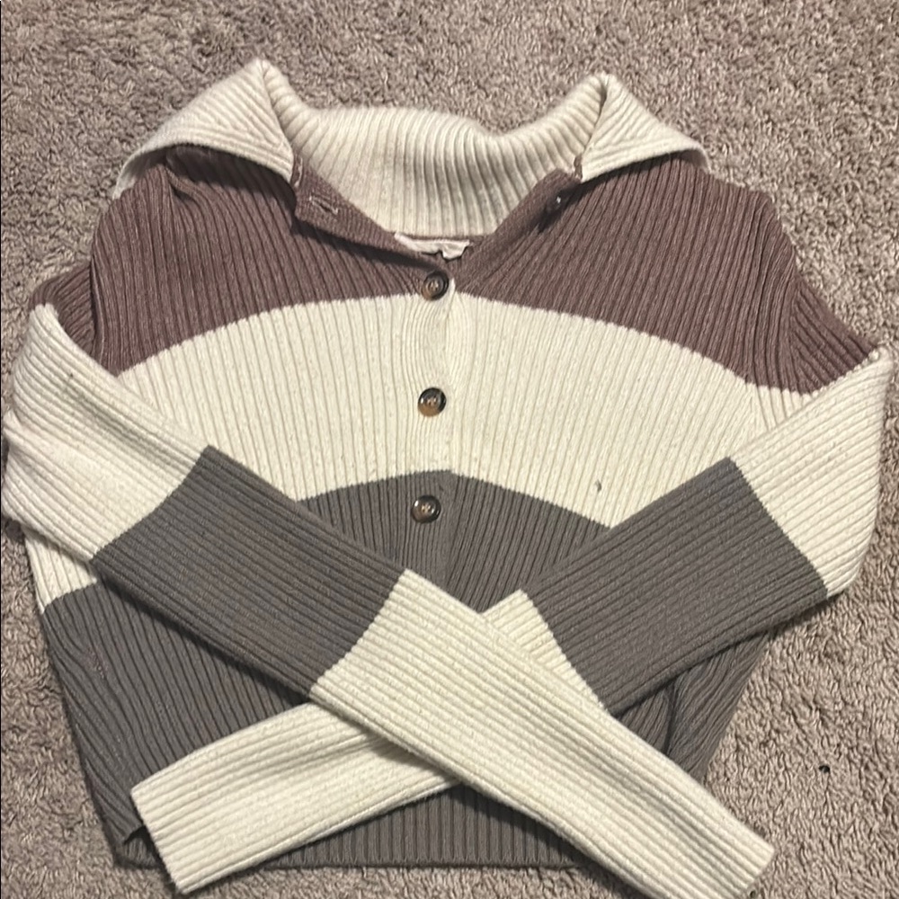 Striped Ribbed Sweater - Cream, Brown, and Gray